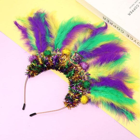 Mardi Gras Headband Women Feather Sparkly Tinsel Festive Parade Accessory - Picture 7 of 9